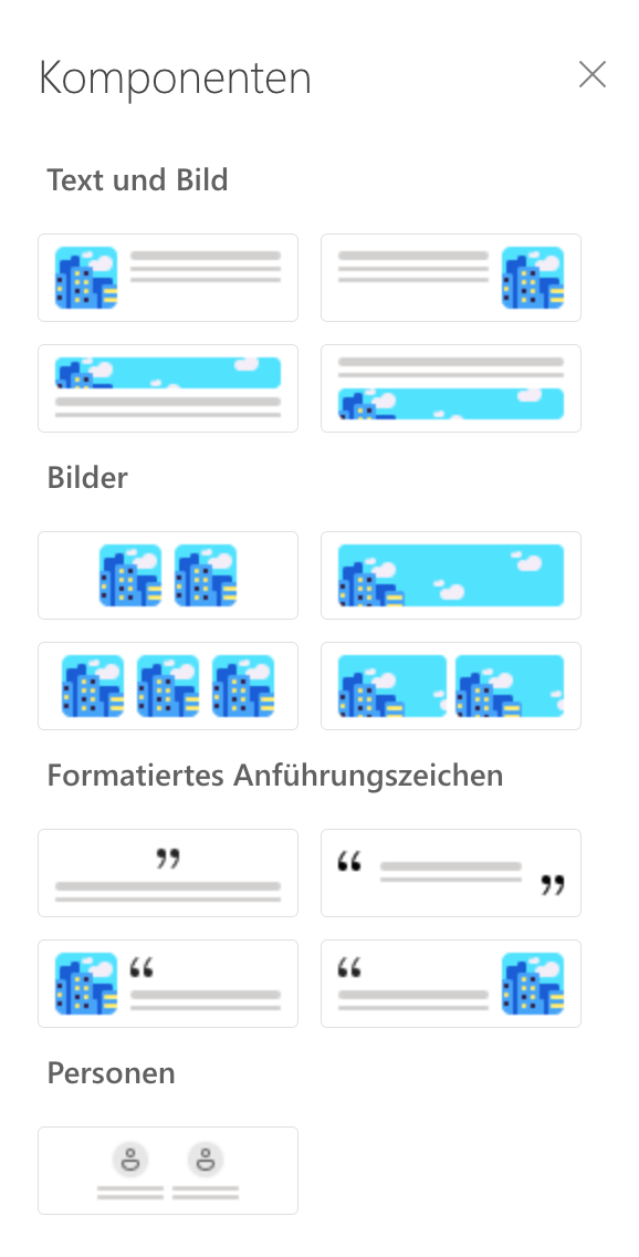 komponenten optionen in outlook newslettern wie bilder, textabschnitte, personen und so weiter