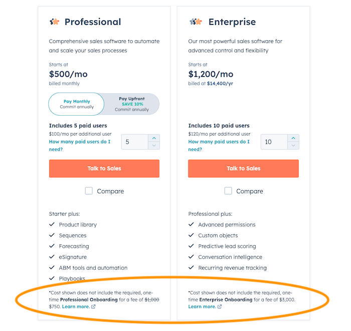 HubSpot sales Onboarding Fees