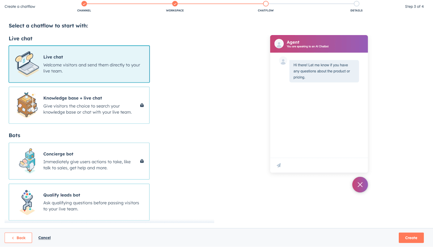 hubspot live chat options