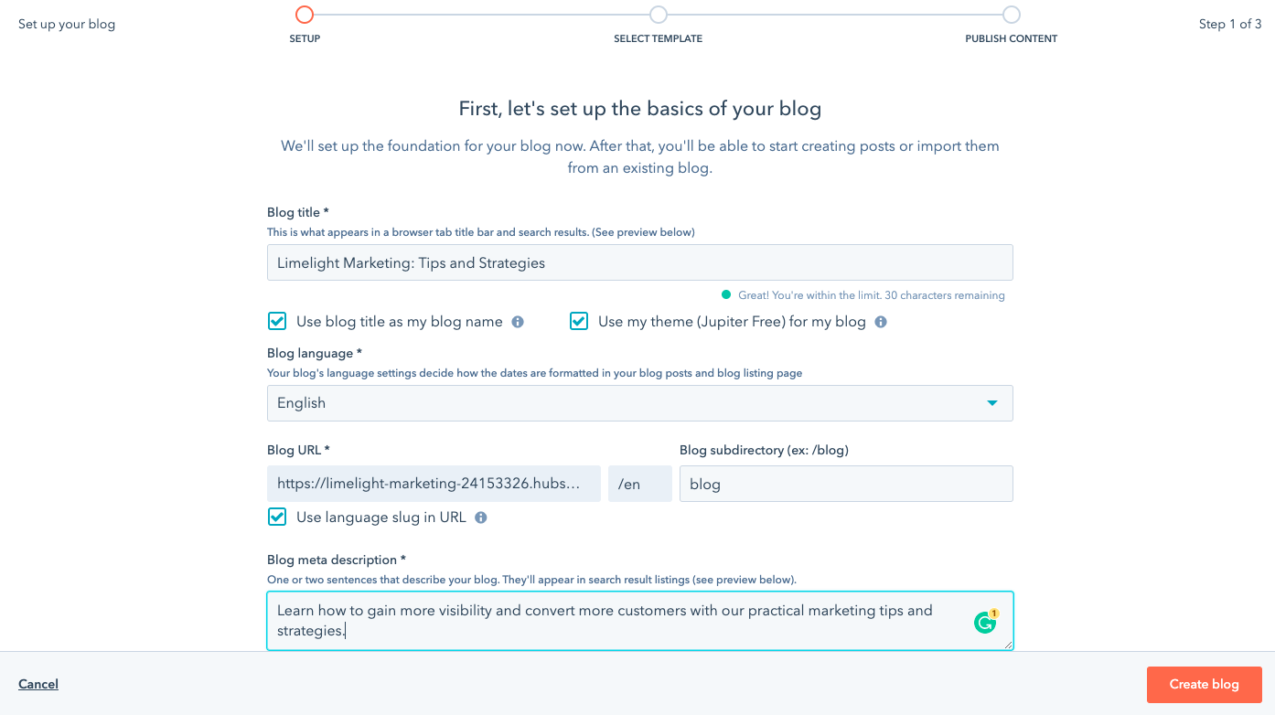 hubspot cms hub blog setup