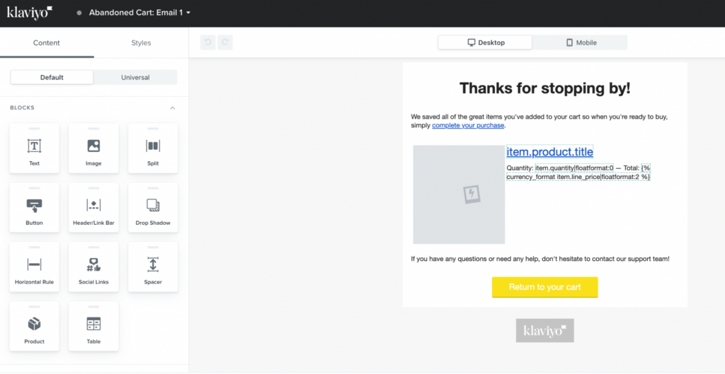 klaviyo abandoned cart email editor