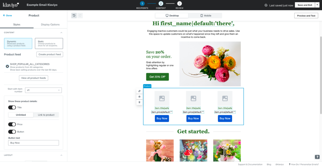 Klaviyo product feed and email editor