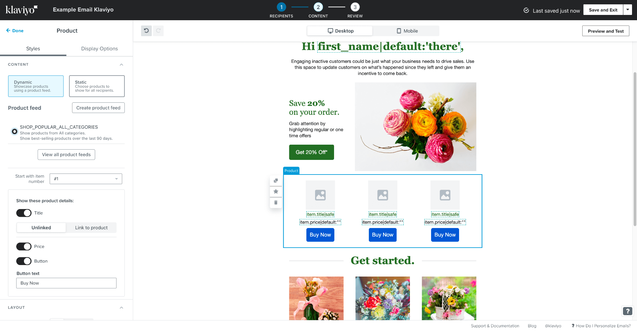 Klaviyo product feed and email editor