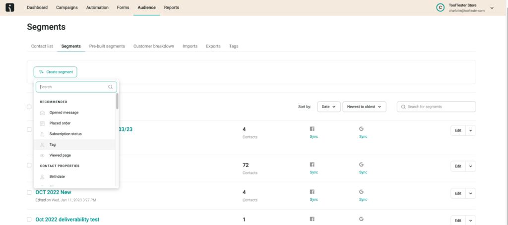 Omnisend user segment options