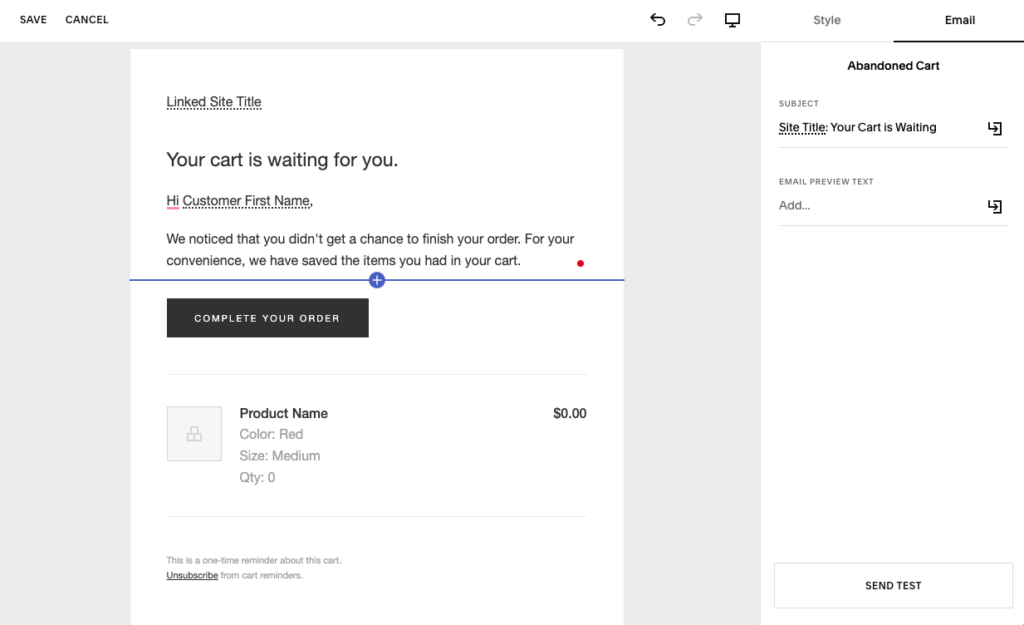 squarespace abandoned cart email