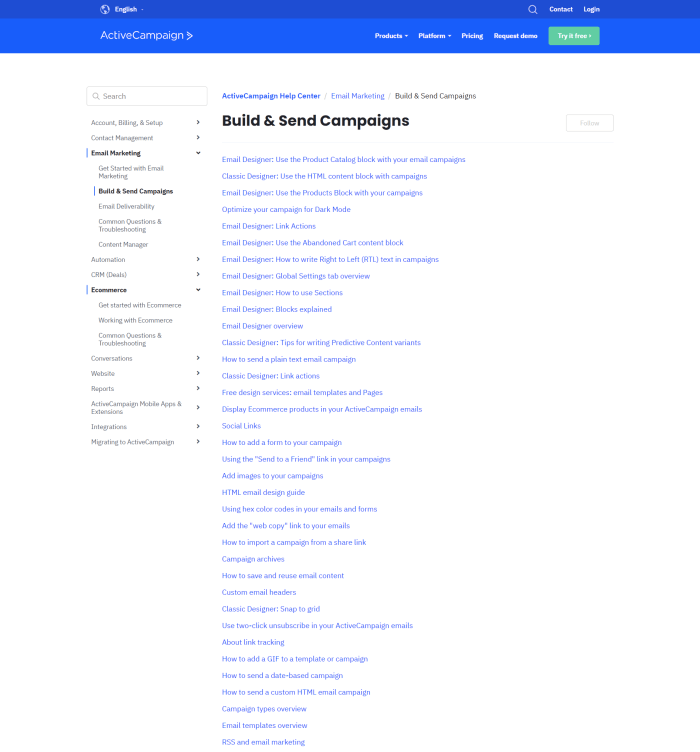ActiveCampaign help section