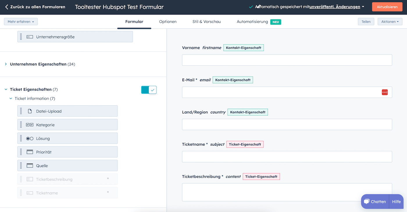 hubspot formular eigenschaften ticket