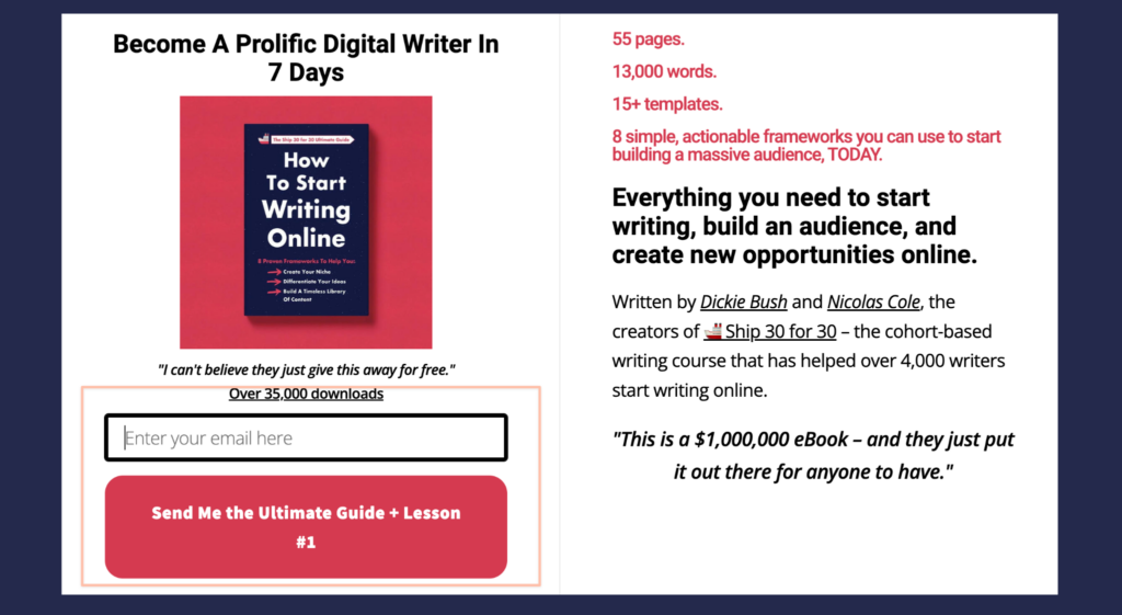 start writing online landing page