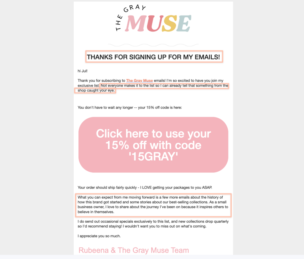 the gray muse welcome email