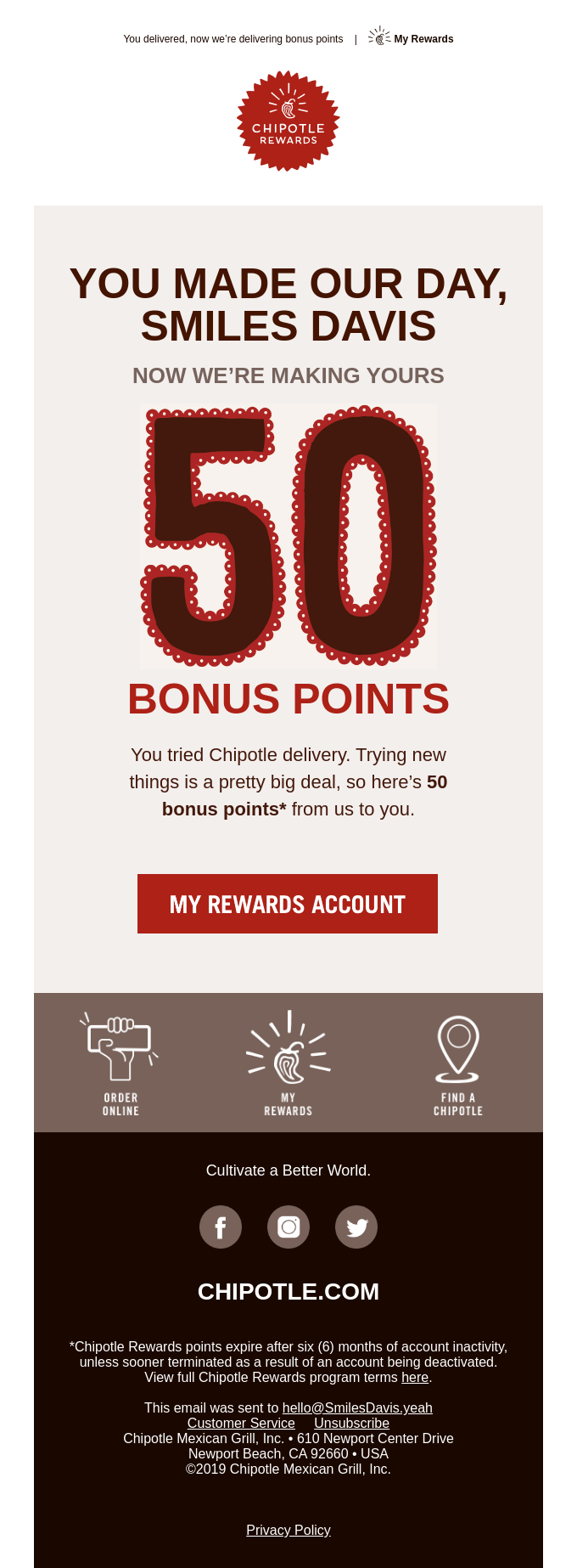 automated email example - customer rewards