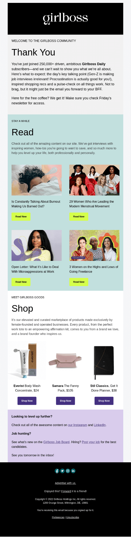 automated email example - girlboss welcome series