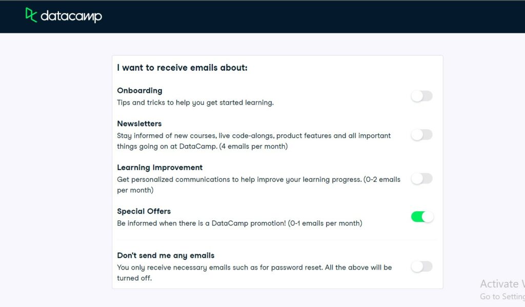 DataCamp preferences page