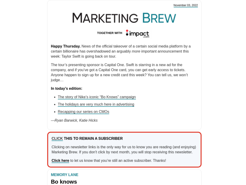 Re-engagement email from Marketing Brew