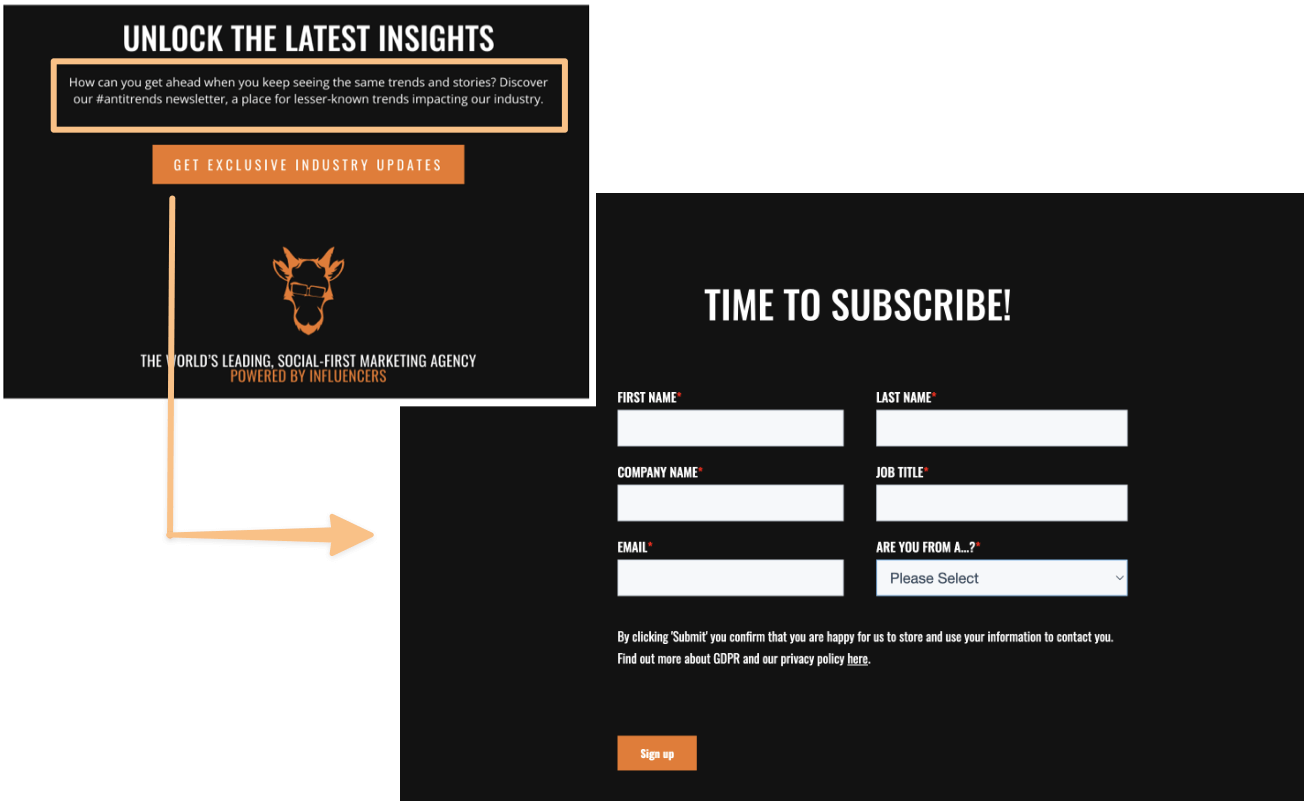 newsletter sign up example - goat agency