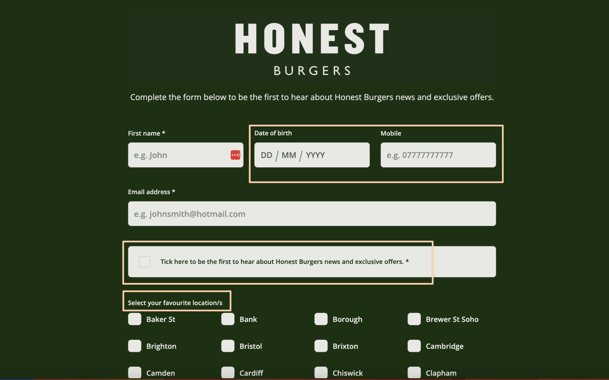 newsletter sign up form - honest burgers