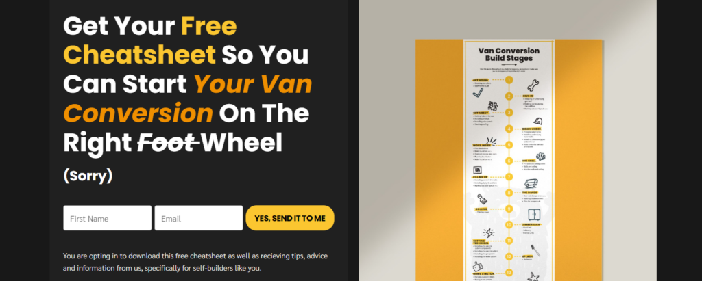 A lead magnet form offering a free download of a van conversion cheatsheet.