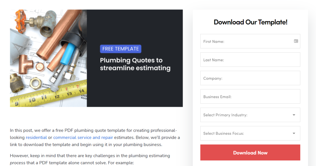 A lead magnet opt-in page offering plumbing quote free templates to plumbers.