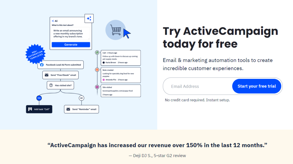 Active Campaign free trial form. No credit card required. 