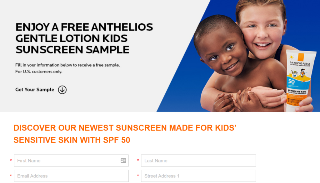 Free lotion kids sunscreen product sample for U.S. customers. 