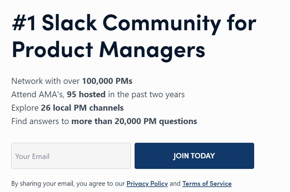 Lead magnet form to join a slack community for product managers. 