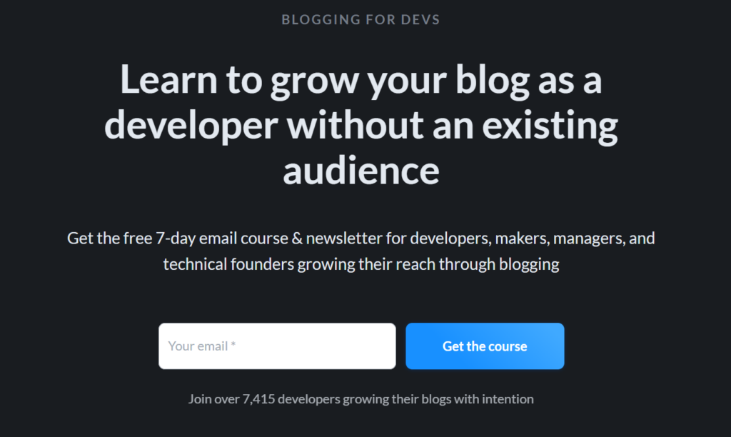 Learn to grow your blog email course lead magnet offered by blogging for devs 