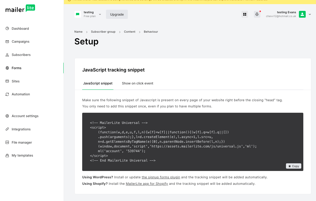 MaileLite form setup