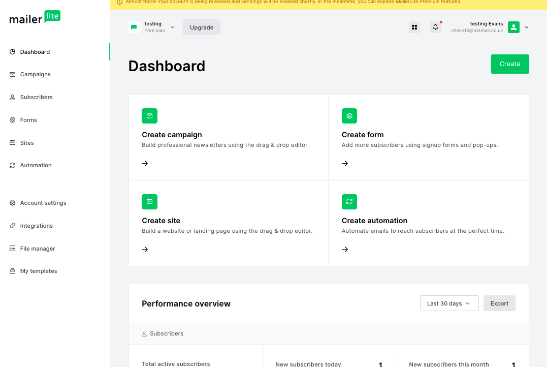 MailerLite dashboard