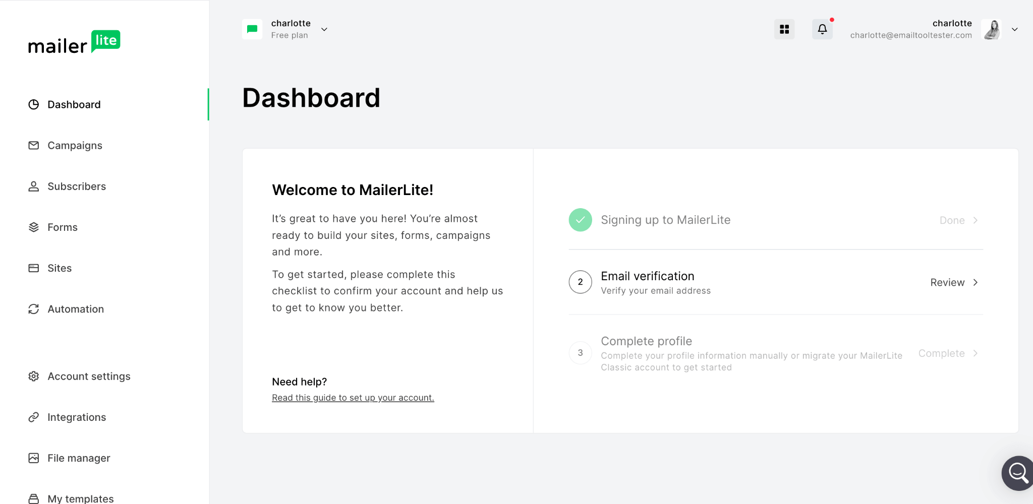 Mailerlite dashboard