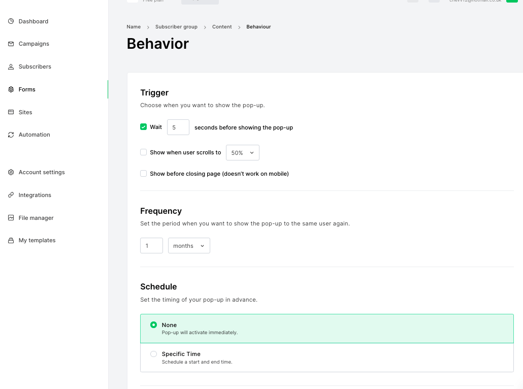 MailerLite form behaviour settings