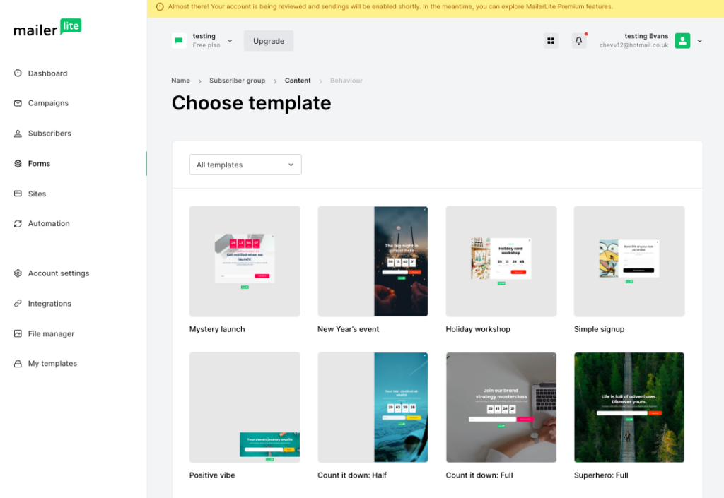 MailerLite popup form templates