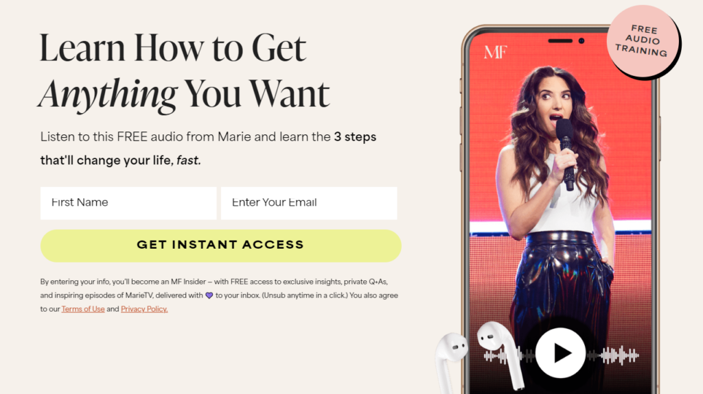 Marie Forleo Learn How To Get Anything You Want lead magnet audio form. 