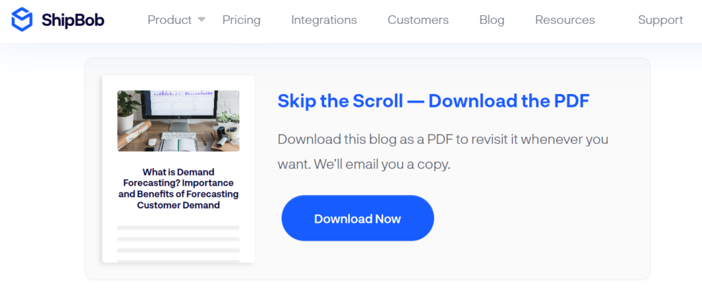 ShipBob lead magnet offer to download a blog post as a PDF. 
