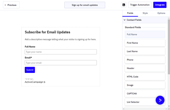 ActiveCampaign email form builder