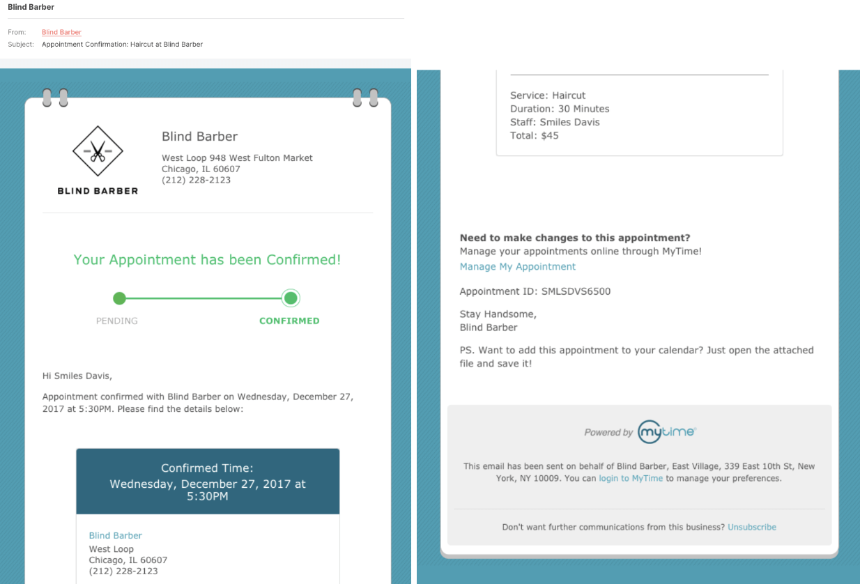 blind barber appointment confirmation