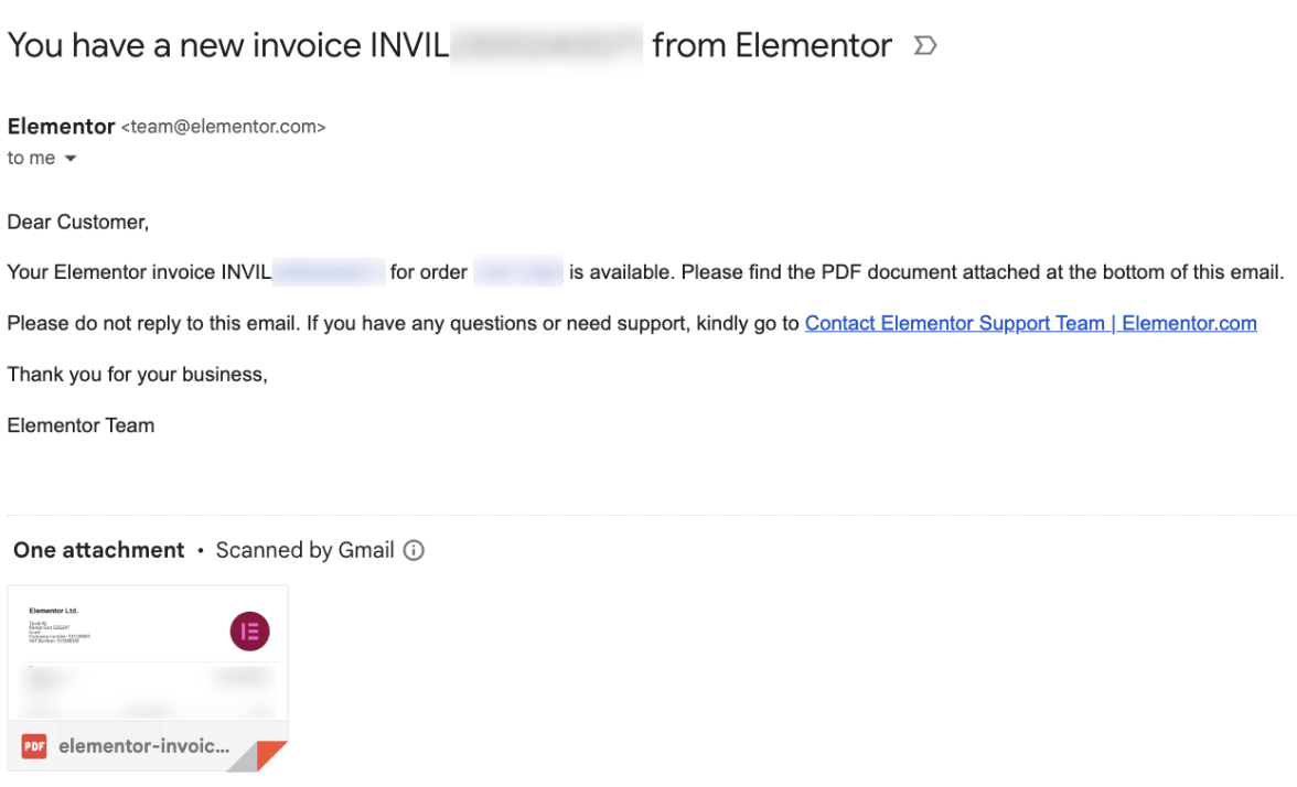 elementor invoice email
