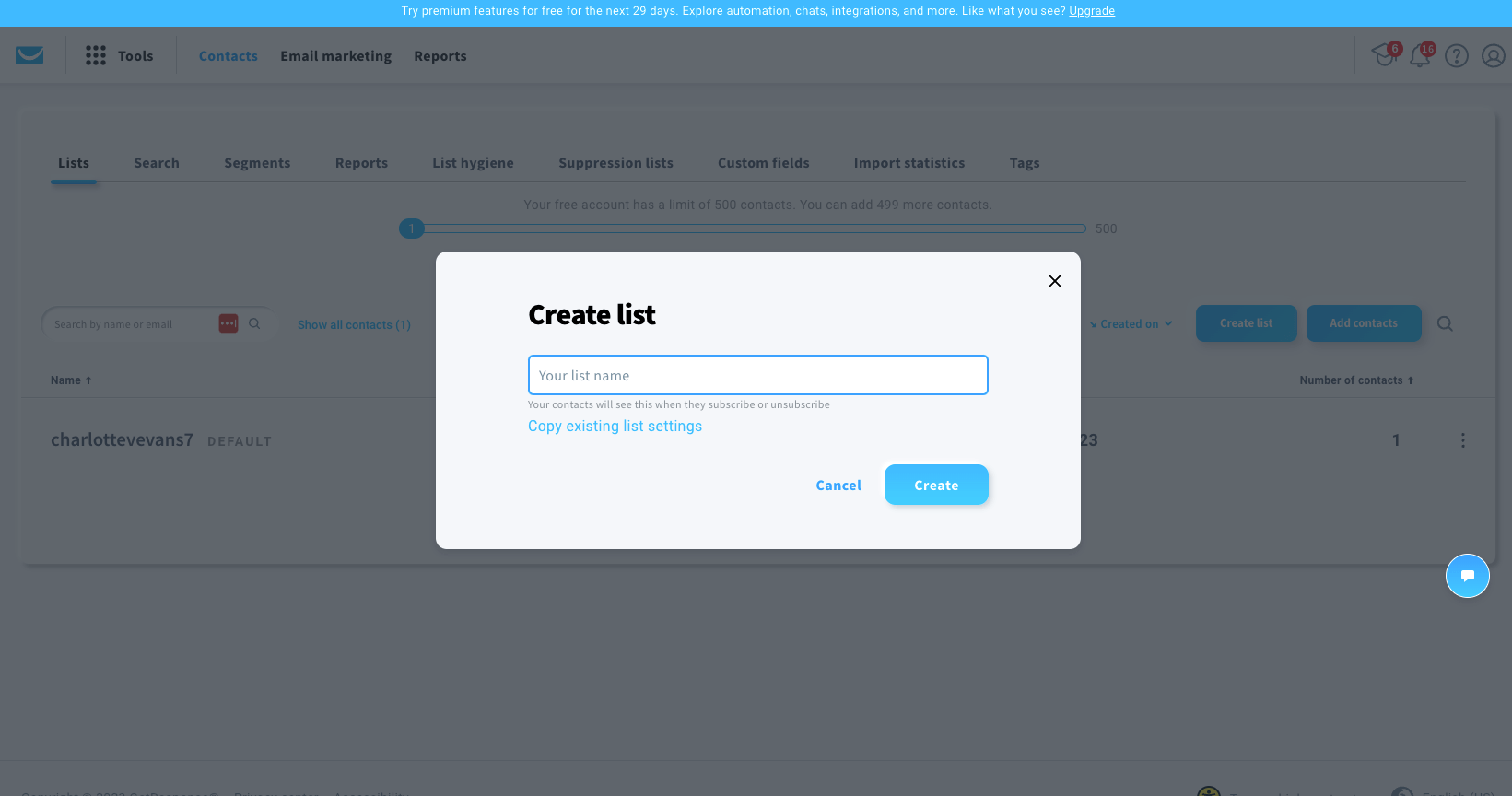 GetResponse create a list 