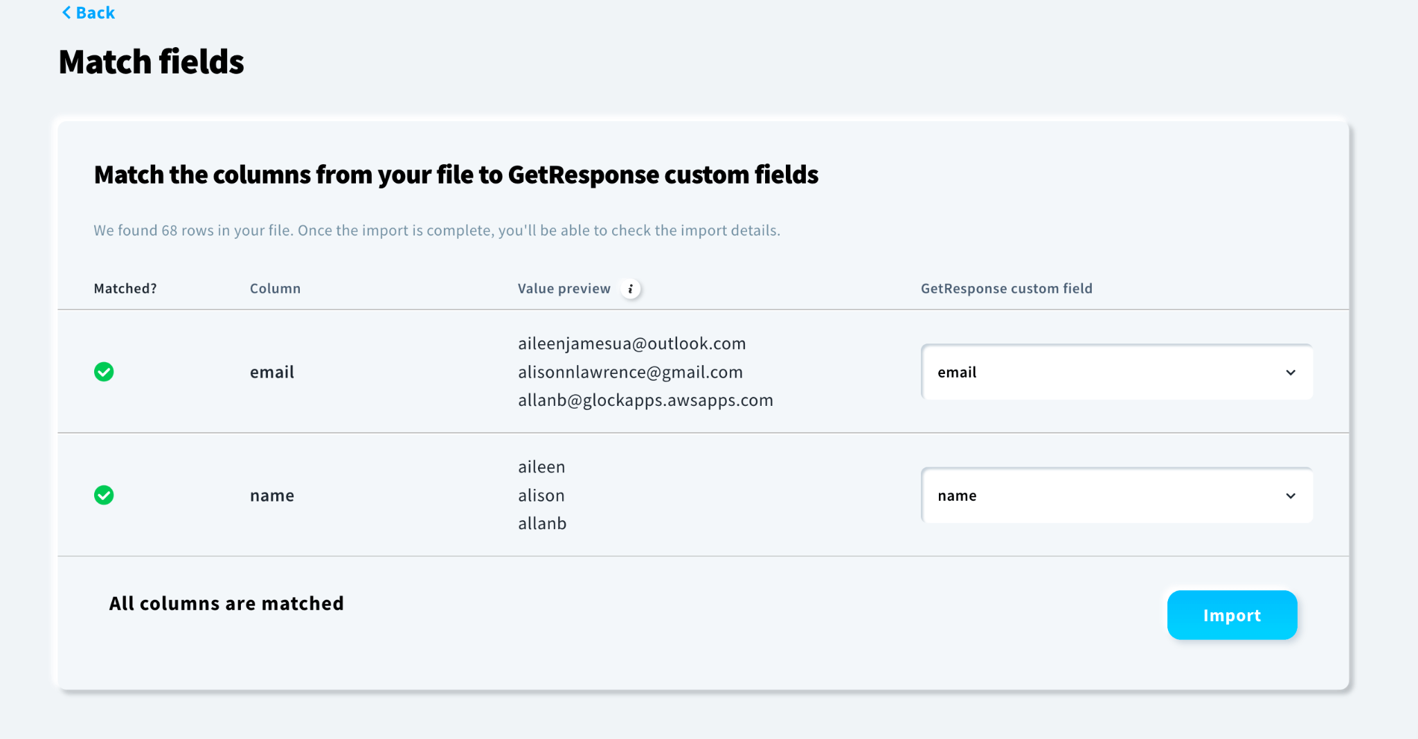 GetResponse mapping contacts