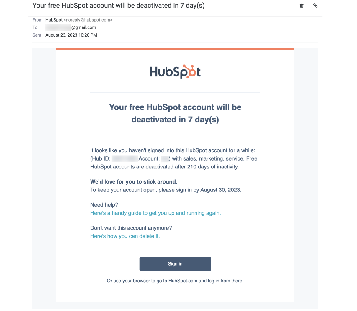 hubspot account deactivation email