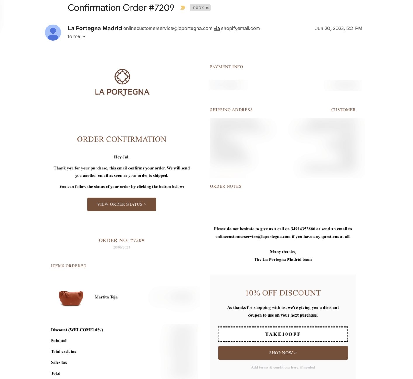 la portegna order confirmation