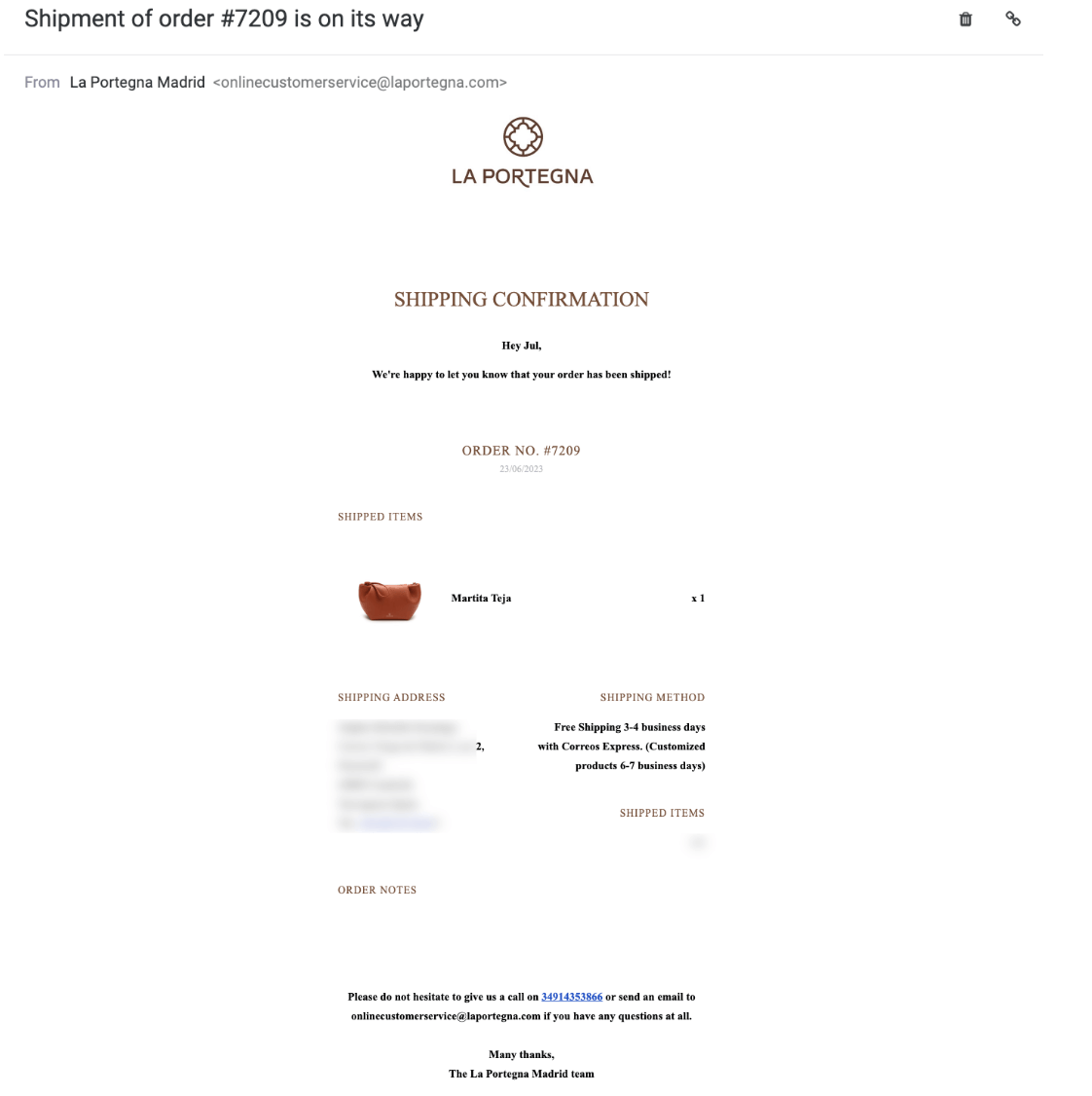 la portegna shipping confirmation