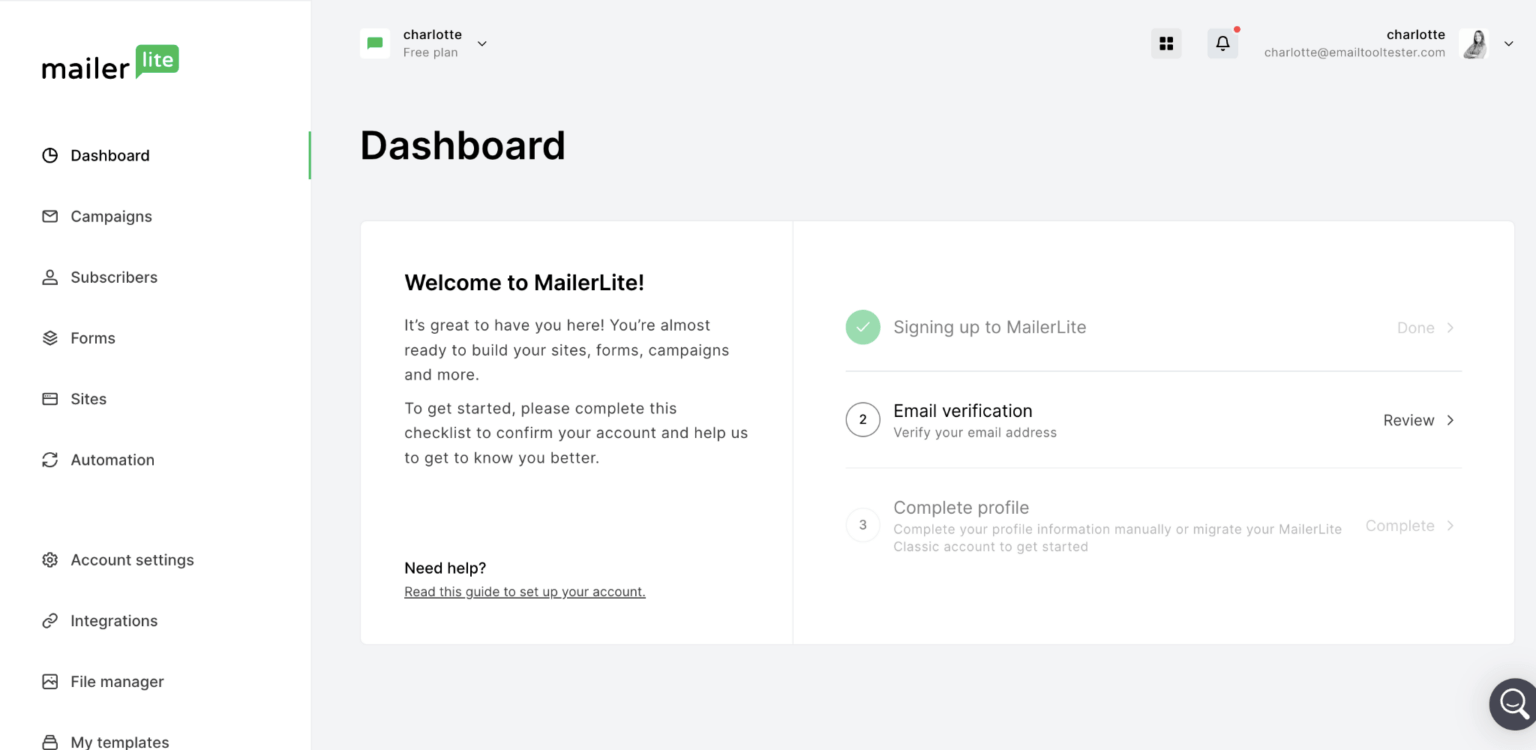 mailerlite dashboard