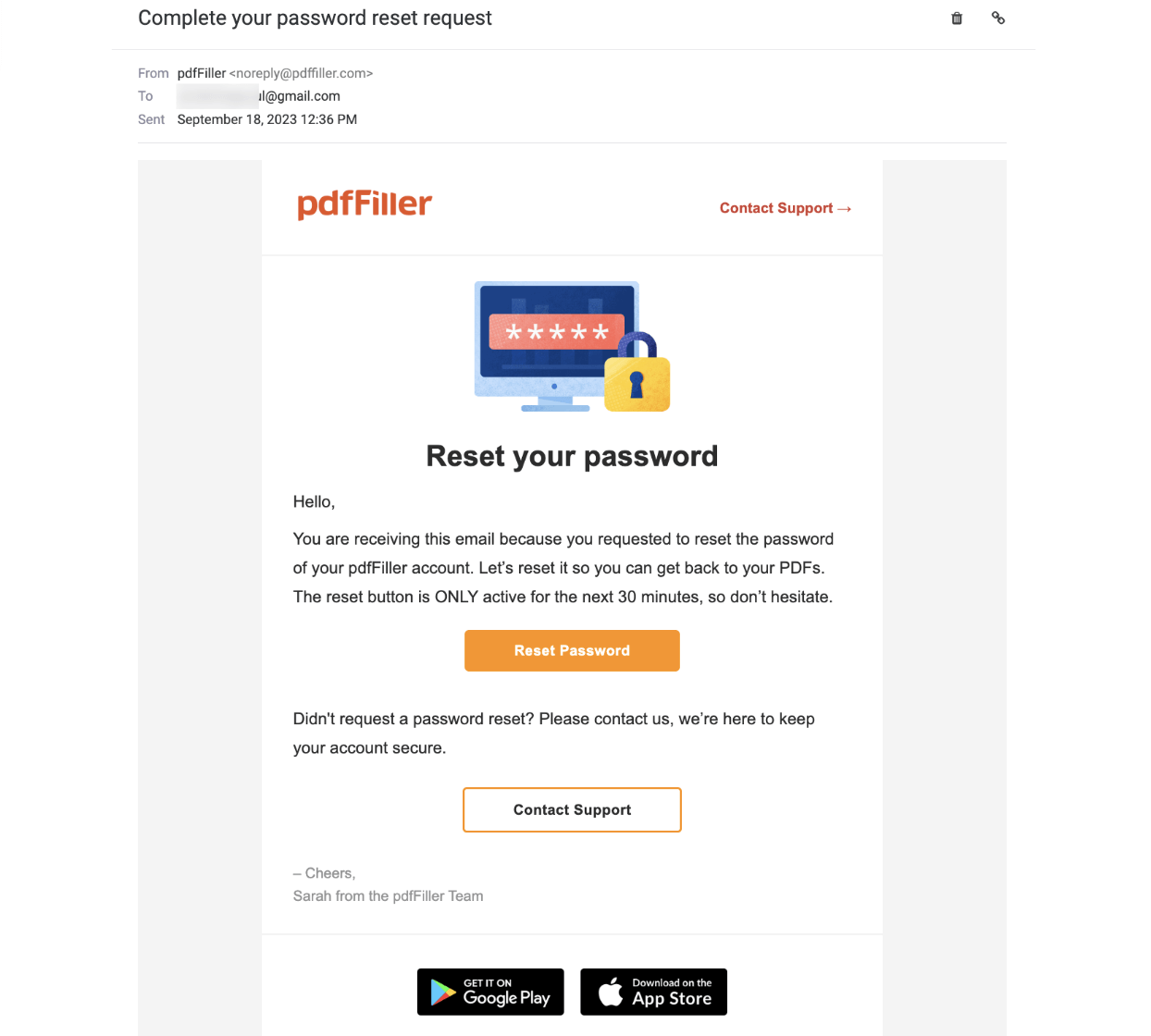 pdffiller password reset email
