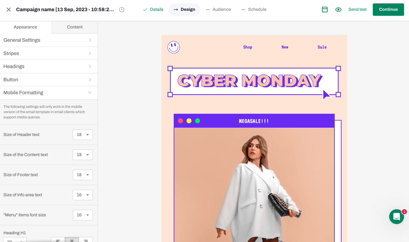 tinyemail editing options