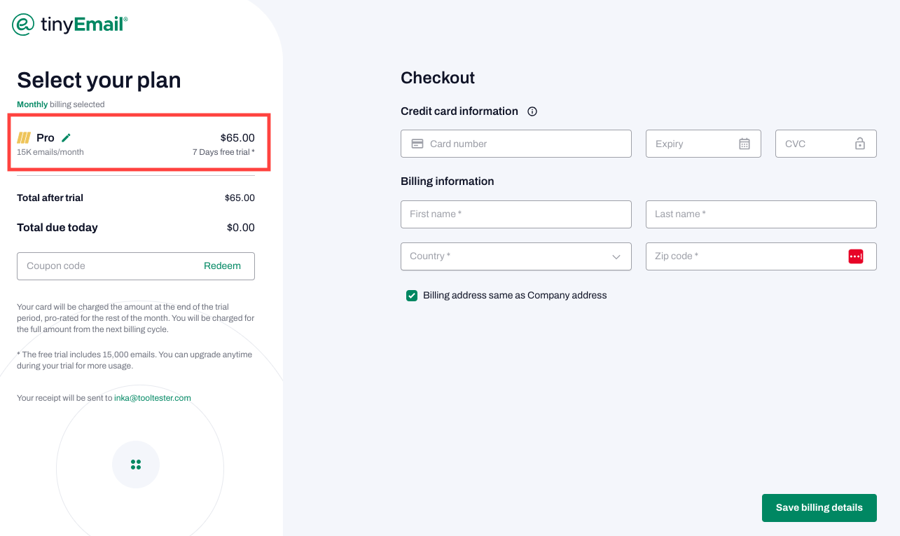 tinyemail signup process