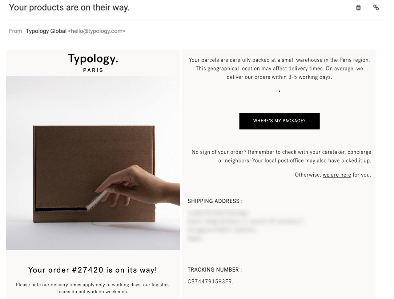 typology shipping confirmation email