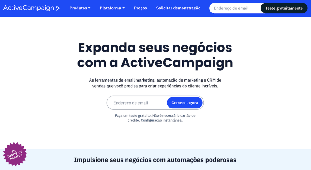 Activecampaign homepage brasil