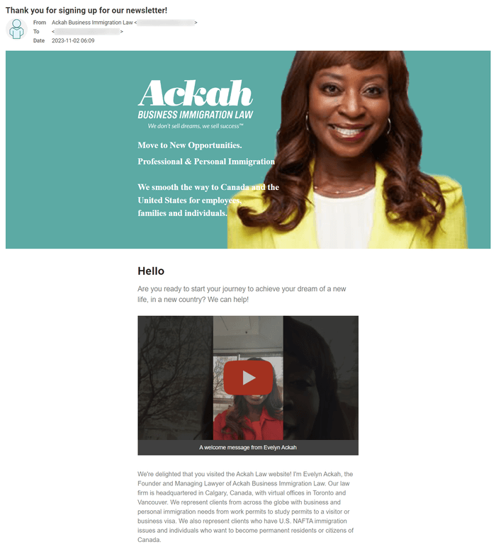 Ackah Business Immigration Law welcome email