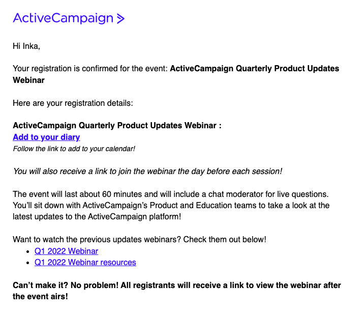 activecampaign event registration email