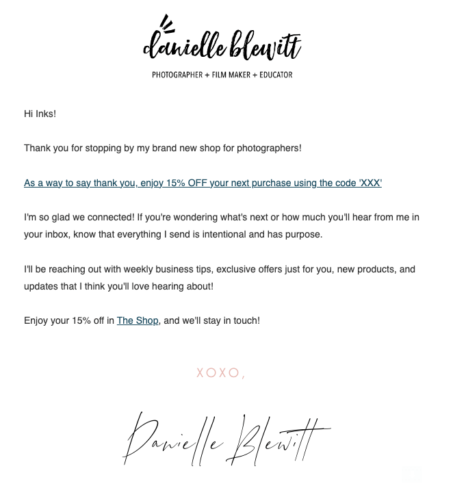 danielle blewitt welcome email