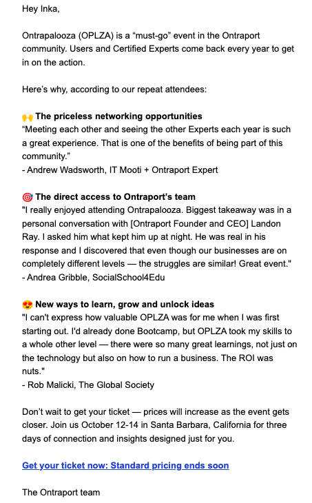 event testimonial email